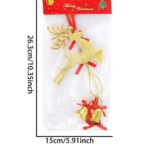 Golden Christmas elk pendant with bells and red ribbon for Xmas tree decoration