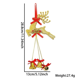 Christmas gold jumping reindeer ornament with red bows, bells, and Merry Christmas sign