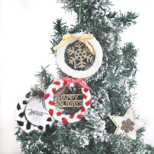 Christmas Tree Hanging Ornament Wood Knitted Wreath Star Snowflake Happy Holidays Peace Sign Festive Holiday Home Decor