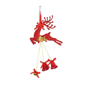 Red glitter reindeer Christmas ornament with Merry Christmas text and festive bells