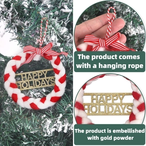 Plush red and white Christmas wreath ornament with gold Happy Holidays glitter text
