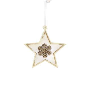 Wooden star Christmas tree ornament with white faux fur and golden snowflake motif