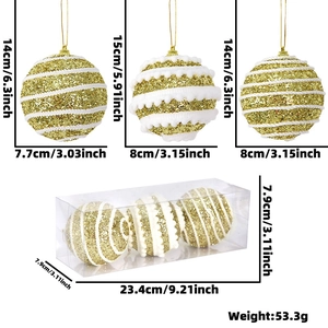Three-piece set of gold sequin foam Christmas ornaments with hanging ropes in a clear box