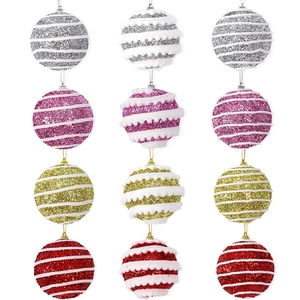Set of 12 glittery Christmas ball ornaments in silver, pink, gold, and red for tree decor