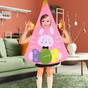 Pink felt Easter bunny costume for kids with cartoon eggs and carrot topper detail