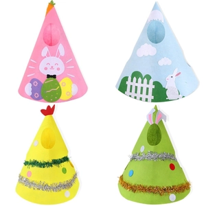 Set of four colorful Easter felt party hats with rabbit and chick motifs for festive fun