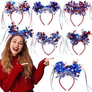Detail of red white and blue July 4th headbands with tinsel stars and ribbons