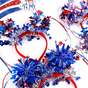Detail of Fourth of July headbands with red white blue tassels and patriotic star sequins