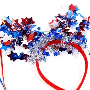 Close-up of July 4th headband with red, white, and blue stars and glitter tinsel
