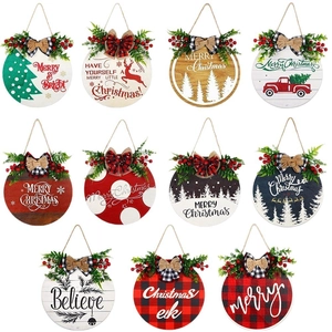 Christmas Wood Door Sign Merry Christmas Round Wooden Hanging Plaque With Bowknot Artificial Plant For Home Festival Wall Decor