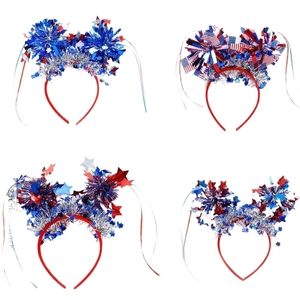 4-Pack USA Independence Day headbands with red white blue stars and festive tinsel decor