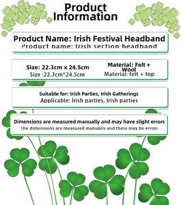 Tableau des tailles détaillé du serre-tête trèfle de la Saint-Patrick en feutre et guirlande
