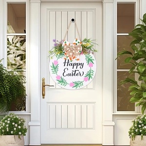 Happy Easter wooden door wreath featuring pink tulips, green leaves and a burlap bow