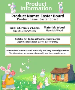 Detailed size chart of wooden Easter party board with 44.7x29.4cm dimension and bunny motifs