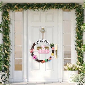 Easter Welcome wreath with pink bunny Happy Easter sign and colorful festive ornaments