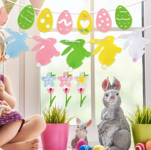 Colorful felt Easter banner with rabbits and eggs hanging in a bright indoor setting