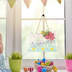 Easter Welcome wooden sign with pastel rabbits and checkered bow hanging by a window
