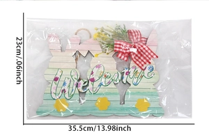 Close-up of Easter wooden welcome sign featuring bunny silhouettes and floral patterns