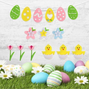 Detailed Easter felt ornaments set featuring colorful eggs, chicks and tulip flowers