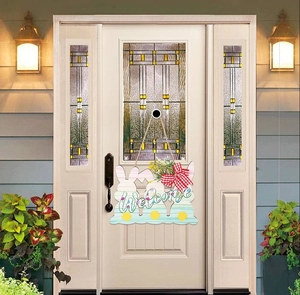 Easter welcome sign featuring three rabbit silhouettes and red gingham bows on white door