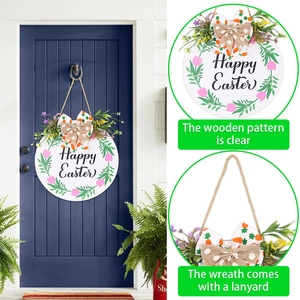 Wooden Happy Easter wreath sign with carrots bow and floral pattern for front door