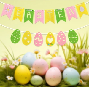 Close-up of pastel Easter felt banner with EASTER lettering and colorful egg garland