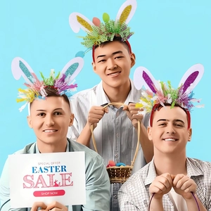 Three men wearing shiny Easter bunny headbands in pink, blue and gold for party celebration