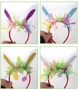 Four colorful Easter bunny headbands with glittery ears in purple, blue, gold, and silver