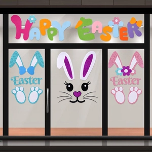 Glitzernde Frohe Ostern Fensteraufkleber mit bunten Hasenohren und Pfoten-Sticker