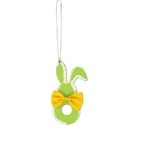 Vintage green Easter bunny wooden ornament with yellow bow and natural jute hanging string