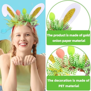 Easter bunny ears headband with gold glitter inserts and green striped PET fringe