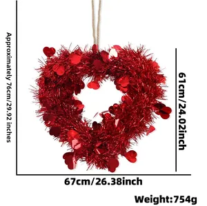 Detail of red tinsel heart wreath with sequins showing 67cm width and 754g weight specs