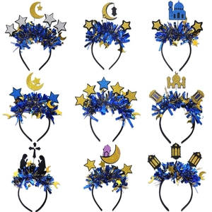 Star and Moon headbands for Eid party, featuring gold glitter and blue festive designs