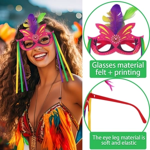 Pink felt carnival mask with feathers and rainbow ribbons for festive party outfits