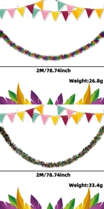 Detail of 2m Mardi Gras green gold and purple pennant banner and metallic tinsel garland
