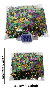 Detailed size and weight view of Mardi Gras purple green gold metallic tinsel confetti