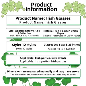 Detailed size specifications for 12 styles of St. Patrick's Day felt and glitter glasses