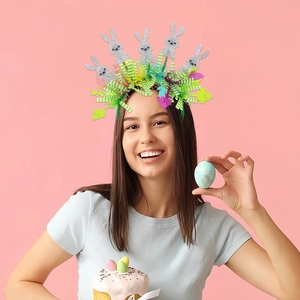 Easter headband with silver bunnies and colorful ribbons worn for holiday party celebrations