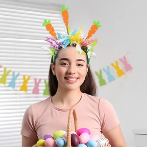 Easter headband with orange carrots and colorful bunnies on a festive green base