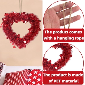Red heart sequin garland decoration with PET material and hanging rope for festive party