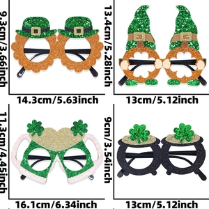 Detailed dimension guide for four St. Patrick's Day themed festive eyewear styles