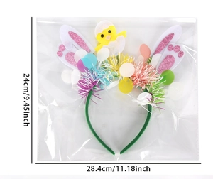 Detailed view of Easter headband showing pink bunny ears and yellow chick with dimensions