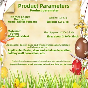 Easter pendant size guide and velvet material specifications with festive egg design