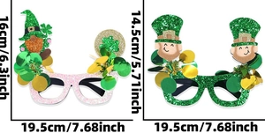 Detailed size chart for St. Patrick's Day shamrock and leprechaun novelty party glasses
