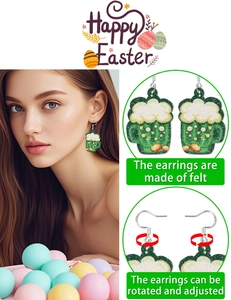 Detail of St. Patrick's Day green beer mug earrings with festive felt and sequins