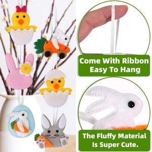 Detailed felt Easter ornaments set featuring bunnies and chicks with ribbons for hanging