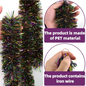 Green purple gold tinsel garland made of PET with wire core for carnival party decoration