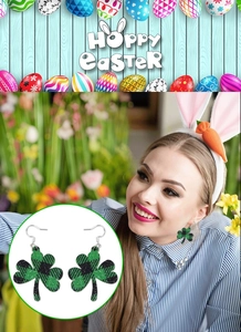 Detail of shamrock earrings with green buffalo plaid and glitter for St. Patrick's Day