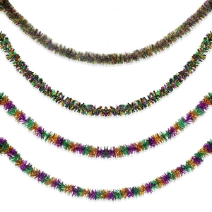 Mardi Gras tinsel garland set in purple green and gold for festive party decoration