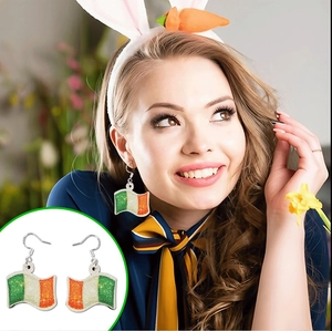 Detail of Irish flag glitter earrings for St. Patrick's Day party outfits
